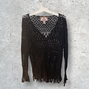 Tiara International Crochet Knit Cardigan Vtg Y2K Black Tie Granny Core Womens M